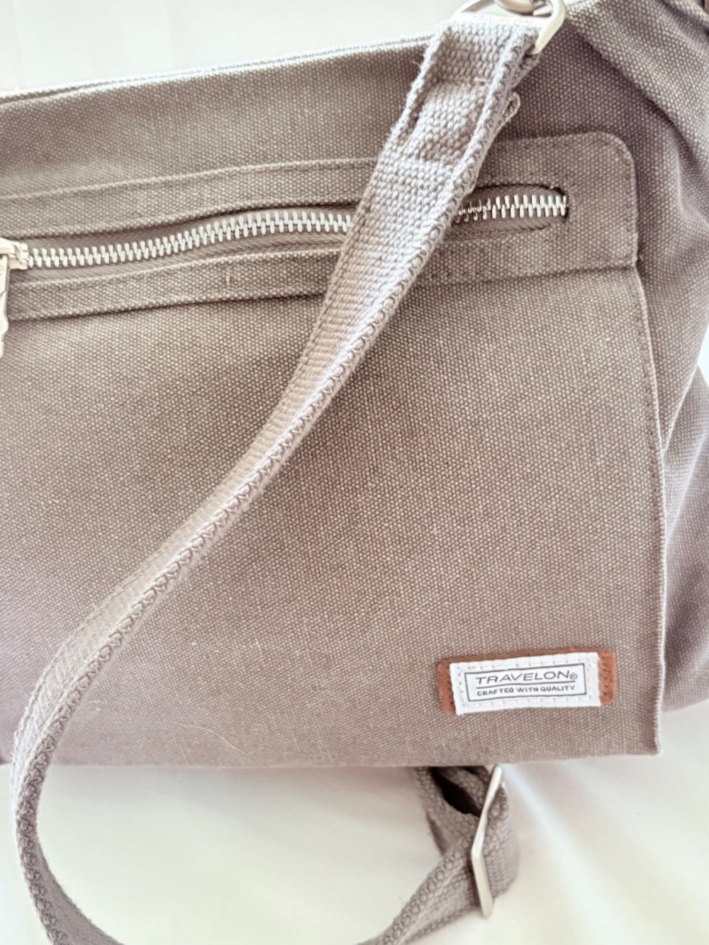 Travelon 5-Point Anti-Theft Pewter Heritage Hobo Bag Crossbody Canvas 10"x12"x3" - Picture 9 of 14